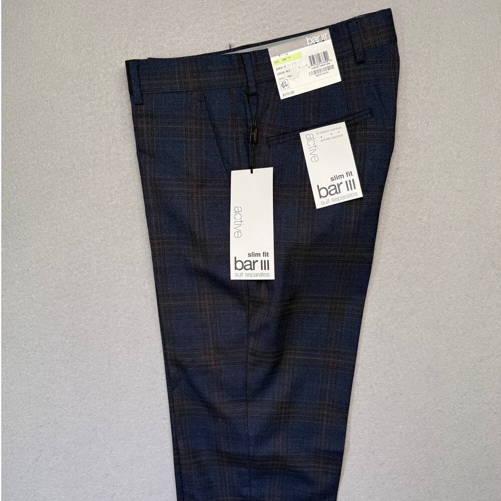 Bar III Men's Slim-Fit Wool Blend Stretch Dress Pants Navy Plaid 30x30 $175
